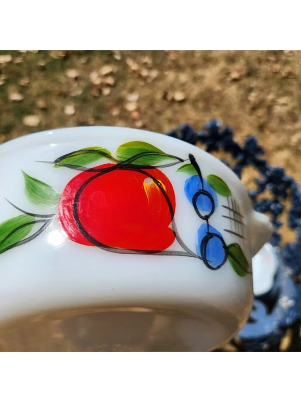 Fire-King Anchor Hocking Milk Glass 1.5 qt Bowl with Hand-Painted Fruit Design